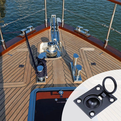Flush Ring Pull Stainless Steel Boat Hatch Latch And Cabinet Flush Mount Lifting Ring Pull Handle Black Two Pack Includes Screws shown on a deck.