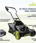 Cordless 24V Push Reel Lawn Mower With 360W Motor, 15 Inch Deck, Five Blade Razoreel System, 11.9 Gallon Grass Collection Bag, Quick Charge 4.0Ah Battery For Fast Power Up And Smooth Yard Cleanup, black