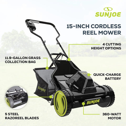 Cordless 24V Push Reel Lawn Mower With 360W Motor, 15 Inch Deck, Five Blade Razoreel System, 11.9 Gallon Grass Collection Bag, Quick Charge 4.0Ah Battery For Fast Power Up And Smooth Yard Cleanup, black