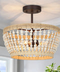 Wood Beaded Semi Flush Mount Ceiling Light 3 Light Farmhouse Boho Style Cozy Chandelier in white finish, close to ceiling.