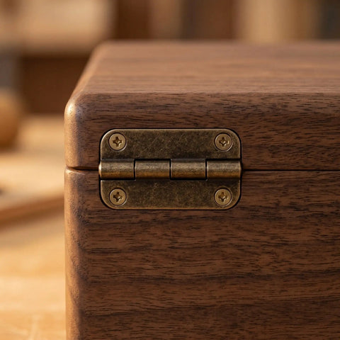 12 Pack Small Iron Hinges With Rounded Corners 1.4 Inch Antique Bronze Cabinet Butt Hinges on wooden jewelry box