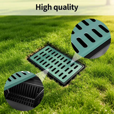 Square Catch Basin With Fiberglass Grate And Debris Basket 26x18x24 Inch Large DIY Rainwater Drain Basin installed in grass