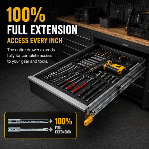 Beefy 500 Lbs Drawer Slides With 3 Fold Full Extension Rugged Steel Cabinet Rails For Heavy Gear Smooth Glide Secure Locking Non Removable Lock Industrial Grade Performance in tool drawer