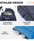 Ultra Lightweight Backpacking Sleeping Bag For Adults And Kids Packable Warm Weather Comfort 55 To 60 Fahrenheit 3-4 Seasons Includes Compression Sack Durable Ripstop Fabric Camping Hiking Travel Outdoor Gear with adjustable drawstring, snag-free zipper, and foot opening feature.