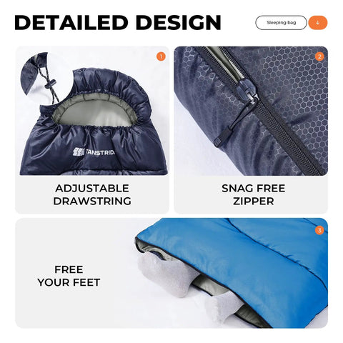 Ultra Lightweight Backpacking Sleeping Bag For Adults And Kids Packable Warm Weather Comfort 55 To 60 Fahrenheit 3-4 Seasons Includes Compression Sack Durable Ripstop Fabric Camping Hiking Travel Outdoor Gear with adjustable drawstring, snag-free zipper, and foot opening feature.