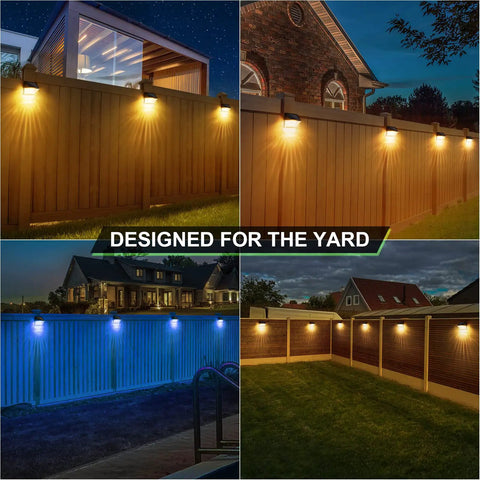 8 Pack Solar Fence Lights With Warm White And RGB Glow Modes Waterproof IP65 Outdoor Lights in various yard settings