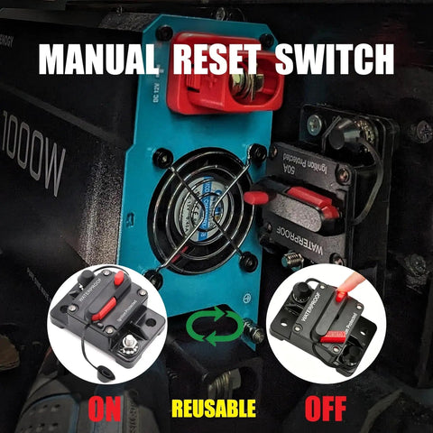 100Amp DC Circuit Breaker Manual Reset Battery Disconnect Switch Covers 12V-48V visible with ON and OFF settings