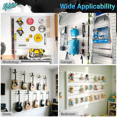 Dang Tough Four By Eight Slatwall Panel Kit With Quick Snap Lock Pvc Garage Wall Organizer And Rock Solid Extra Durable Waterproof Workshop Storage System showcasing tools in workshop and toy storage in bedroom.
