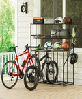 4 Bike Stand Slick Garage Organizer With 3 Tier Storage Rack displaying two bikes and sports gear on a porch