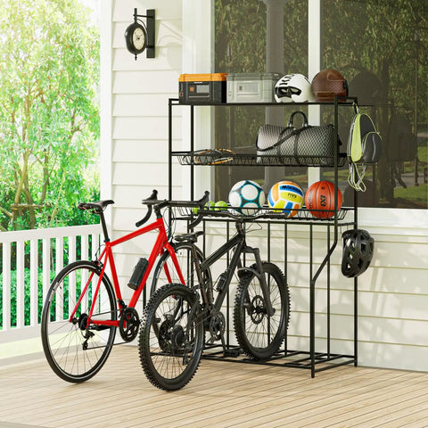4 Bike Stand Slick Garage Organizer With 3 Tier Storage Rack displaying two bikes and sports gear on a porch