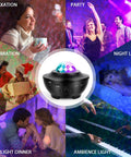 Galaxy Projector Night Light For Bedroom With Bluetooth Speaker, showing various uses like relaxation, party, and night light.
