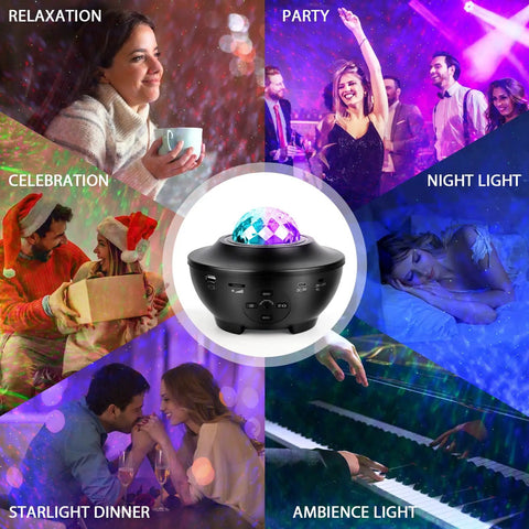 Galaxy Projector Night Light For Bedroom With Bluetooth Speaker, showing various uses like relaxation, party, and night light.