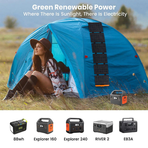 Camping scene with a blue tent, 60W Portable Solar Panel Charger With PD3.0 USB C QC3.0 USB A And DC Output Foldable IP67 Waterproof Emergency