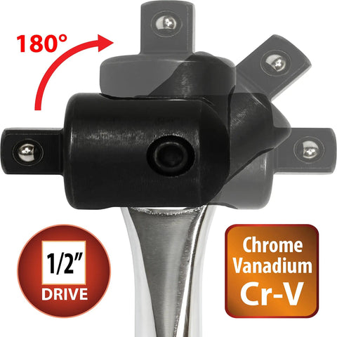 24 Inch Half Inch Drive Breaker Bar With 180 Degree Flex Head In Hardened Cr-V Steel showing 1/2 inch drive and Cr-V material