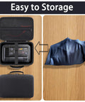 Open Rugged Hard Case For NOCO Boost Plus Air AX65 2000A Jump Starter with Air Compressor, black carrying case next to compacted shirt