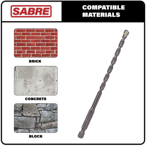 Sabre Tools carbide-tipped masonry drill bit, 3/16 x 6 in, 1/4 in hex shank, 5-pack for concrete/brick/stone