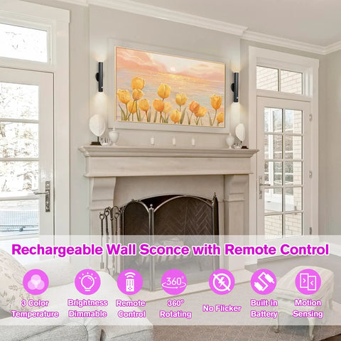 Living room with Battery Powered Wall Sconce Dual Pack With Motion Sensor, Black Finish, above fireplace