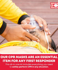 Adult and Infant CPR Mask Combo Kit with clear mask and one-way valve in use; ER logo visible