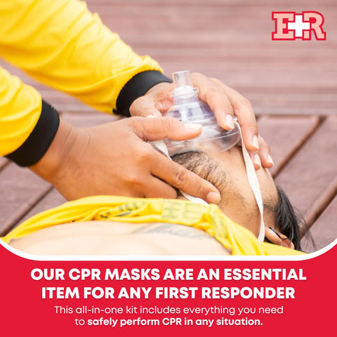 Adult and Infant CPR Mask Combo Kit with clear mask and one-way valve in use; ER logo visible