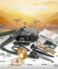 All In One 22 In 1 Survival Kit For Men Your Go To Emergency Gear For Camping Hiking Hunting Disaster Prep Tactical SOS Readiness Waterproof Case Outdoor Adventure Essentials displayed with contents including knife, compass, and flashlight