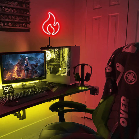 Lit Red Flame Neon Sign USB Powered With On Off Switch Dope Neon Light For Wall Decor Hanging Flame Shaped LED Light Fire Neon Lights For Bedroom And Gaming Room Setup in a gaming room