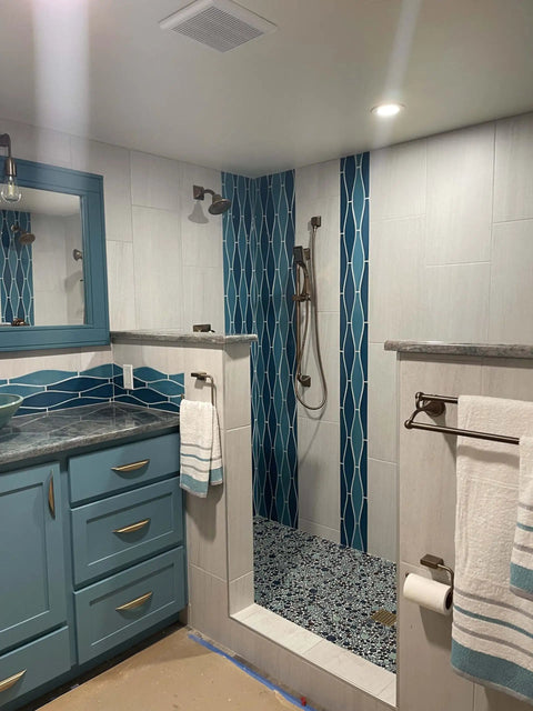 Bathroom with Artisan Pebble Mosaic Tile Sheet With Irregular Blue Green Stone Look Ceramic Waterproof Shower Floor And Wall Tiles.