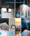 Motion Sensor Solar Outdoor Lights Three Head Flood Lamps Waterproof IP65 3200LM Brightness 7500K Security Flood Light Outdoor Lighting 2 Pack Energy Saving Motion Activated Design Easy Install. All weather resistant with images of lights in various weather conditions.