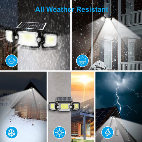 Motion Sensor Solar Outdoor Lights Three Head Flood Lamps Waterproof IP65 3200LM Brightness 7500K Security Flood Light Outdoor Lighting 2 Pack Energy Saving Motion Activated Design Easy Install. All weather resistant with images of lights in various weather conditions.