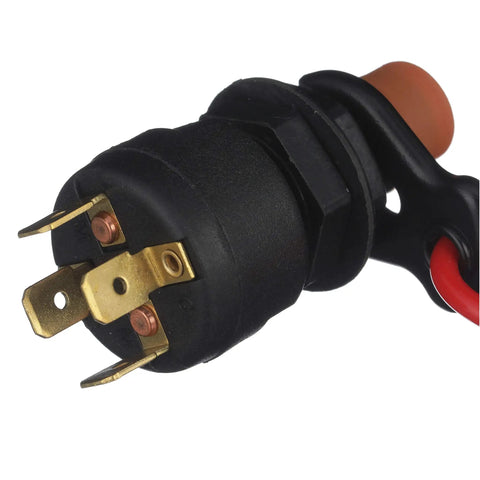 Universal Boat Kill Switch Kit With 50 Inch Coiled Lanyard And Disconnect Clip Red Black Nylon Casing 5A At 12V close-up view of connector