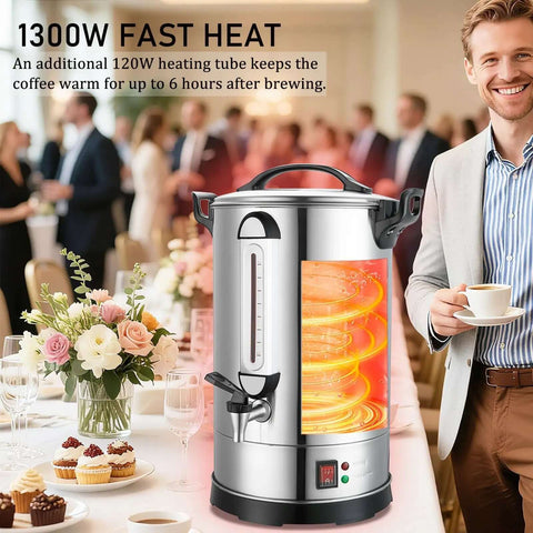Beefy 100 Cup Commercial Coffee Urn With 1300W Quick Brew Heavy Duty Stainless Steel Double Wall Industrial Electric Percolator in catering setting