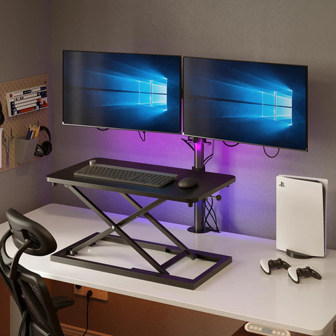 24 Inch Scissor Lift Keyboard And Mouse Riser For Standing Desk Converter on desk with dual monitors and gaming console