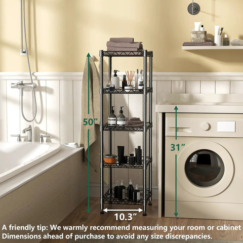 Rock Solid 5 Tier Steel Wire Shelving Rack With Adjustable Heights Easy Setup For Kitchen Laundry Or Bathroom Space Saving Storage Unit In Sleek Black Finish That Really Steps Up Your Game