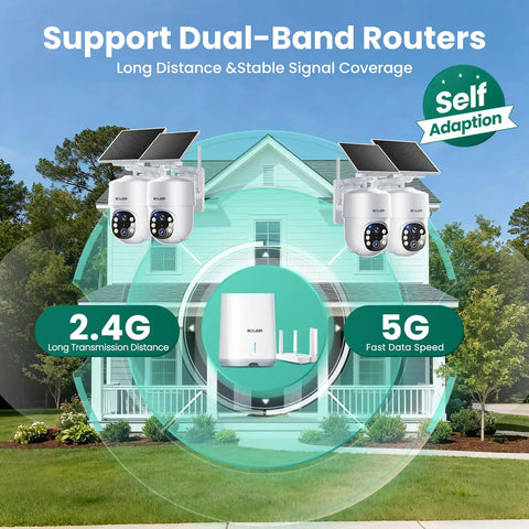 4 Camera Solar Powered Outdoor Wireless Security Kit With No Subscription 5MP Ultra HD 360 Degree Auto Motion Tracking shown.