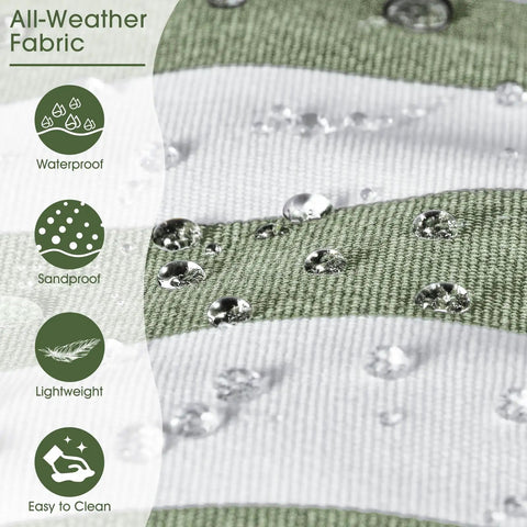 Waterproof and sandproof fabric of ultra large canvas beach tote for women, highlighting droplets on green striped material