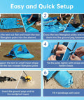 Easy setup steps for Beach Shade Tent With UPF50 UV Protection, showcasing assembly with poles, straps, pegs, and sandbags.
