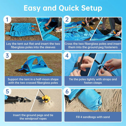 Easy setup steps for Beach Shade Tent With UPF50 UV Protection, showcasing assembly with poles, straps, pegs, and sandbags.