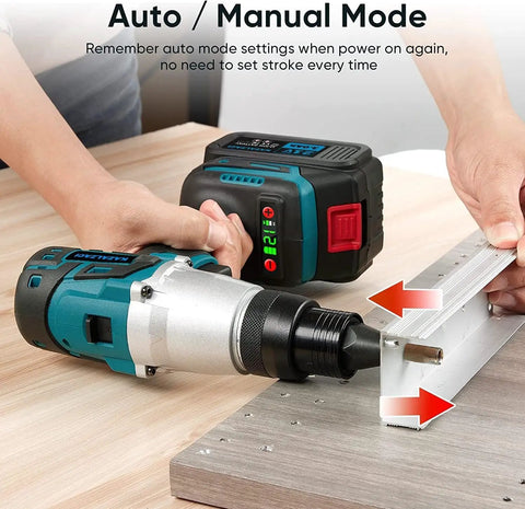 Cordless Rivet Nut Gun With Rechargeable 5.0Ah Battery Powers Through Metric Nutserts M4 To M10 using auto/manual mode on metal.