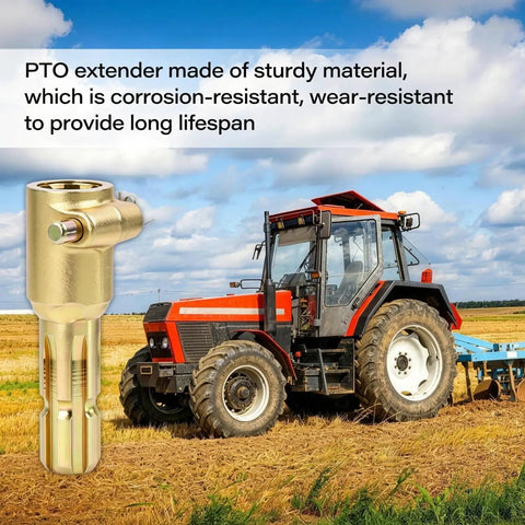 No Nonsense Workhorse Grade Heavy Duty PTO Extender For Tractors Rugged Cast Steel Build with tractor in background.