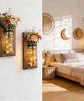 Game Changer Rustic Two Pack Wood Glass Wall Sconces Paired With Warm Twinkle Lights, floral arrangement with fairy lights.