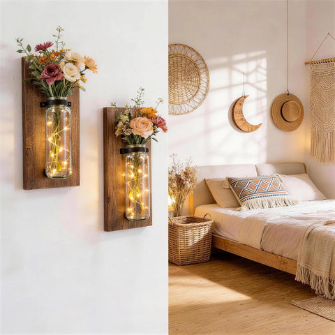 Game Changer Rustic Two Pack Wood Glass Wall Sconces Paired With Warm Twinkle Lights, floral arrangement with fairy lights.