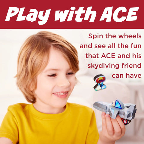 Child holding Jet Plane Ace Wooden Model Kit for Kids 5 and Up Easy Build STEM Craft, with skydive figure.