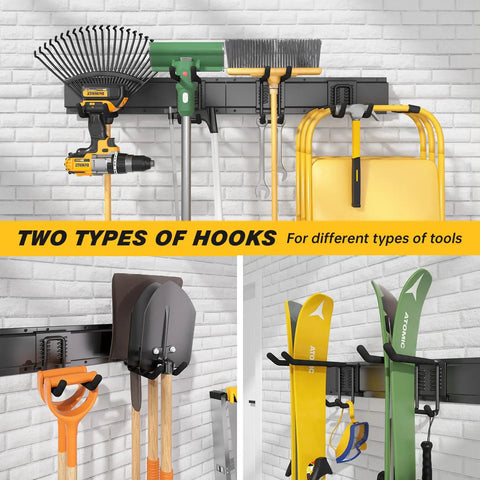 Beefy 32 Inch Garage Storage Organizer Wall Mount Tool Rack With Heavy Duty Hooks Up To 300 Lbs Yard Shed Hanging Shelf For Rakes Brooms Mops Snowboards Garden Tools And More
