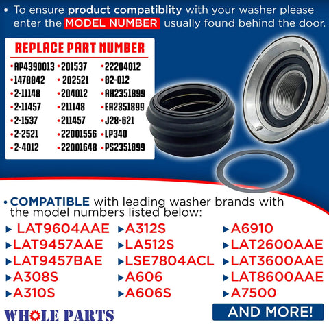 Upgraded Washer Tub Stem And Seal Repair Kit Fits Cross Reference Numbers, parts list and compatibility details displayed.