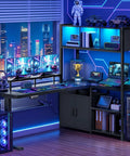 Full On Game Changer Electric Dual Motor L Shaped Standing Desk With Extra Storage Hutch One Touch Smooth Lift For Relaxed Posture Flow Perfectly Adjusted Height Range 28 To 45 Inches Anti Collision Safe Working Surface with dual monitors and RGB accents.