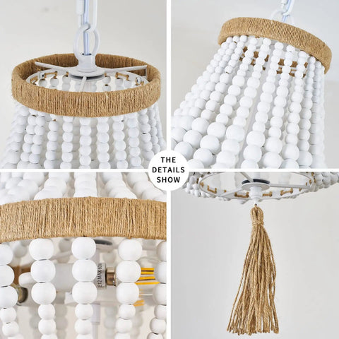 Close-up of Boho Wood Beaded Pendant Light With E12 Ball Bulbs, natural twine detailing on pendant rim, farm-inspired design