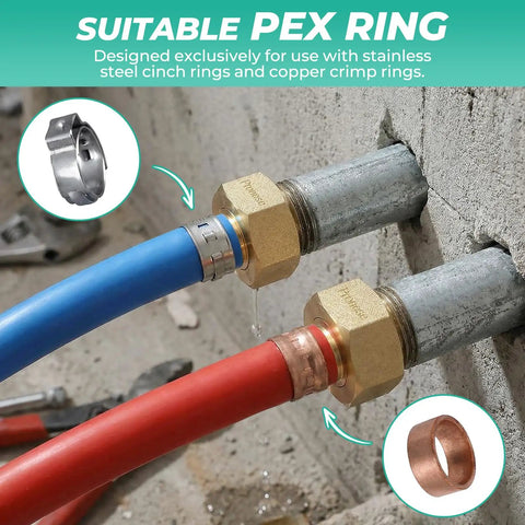 Heavy Duty Solid Brass Garden Hose Adapter Swivel Connector From One Half Inch PEX Barb To Three Quarter Inch GHT Female For Lawn Irrigation Boat RV Water Systems No Tools Needed For Easy Setup Leakproof 360 Degree Swivel, PEX ring and crimp rings