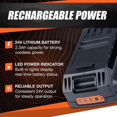 24V lithium battery of Rhino Pull 1000 Portable Electric Winch, showing LED power indicator and reliable output description.