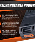 Rechargeable power features of Workhorse Portable Electric Winch with LED indicator and 24V lithium battery.