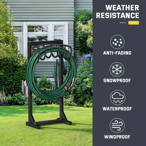 Heavy Duty Garden Hose Holder Stand With Four Spikes And Two Tool Hooks Freestanding Metal Hose Reel Organizer in garden