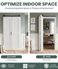 60 By 84 Inch Bifold Barn Door Kit With H Shape Hardware For Tight Squeezes, shown closed and open in a stylish indoor setting.
